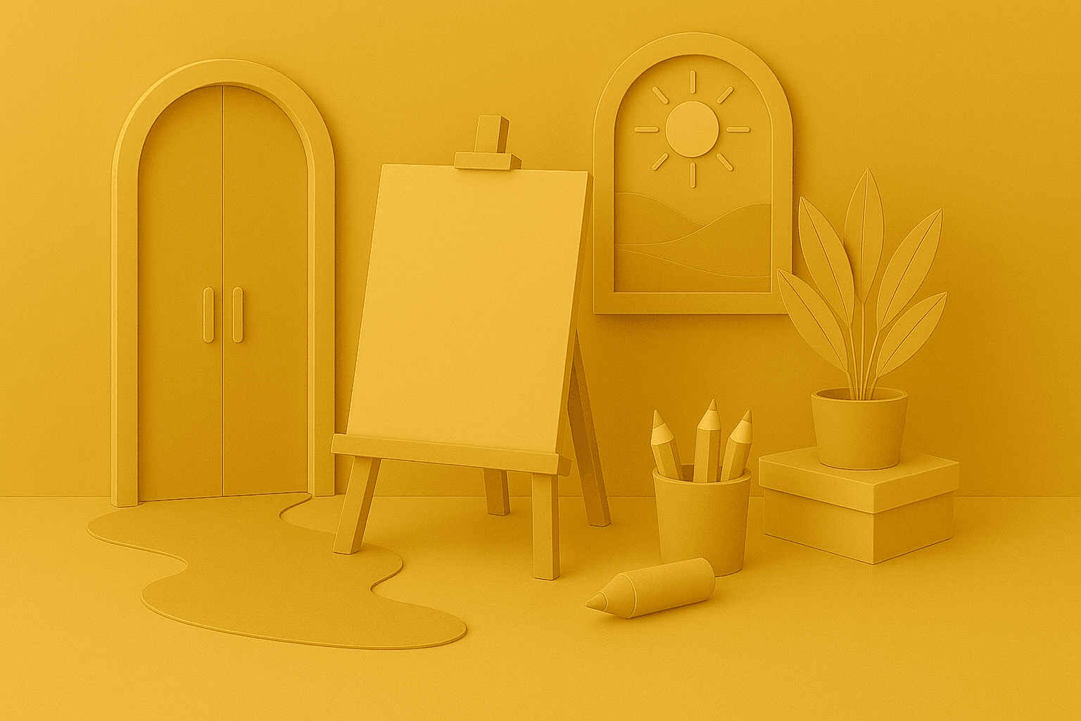 Golden creative space with easel, arched doorway, and art supplies